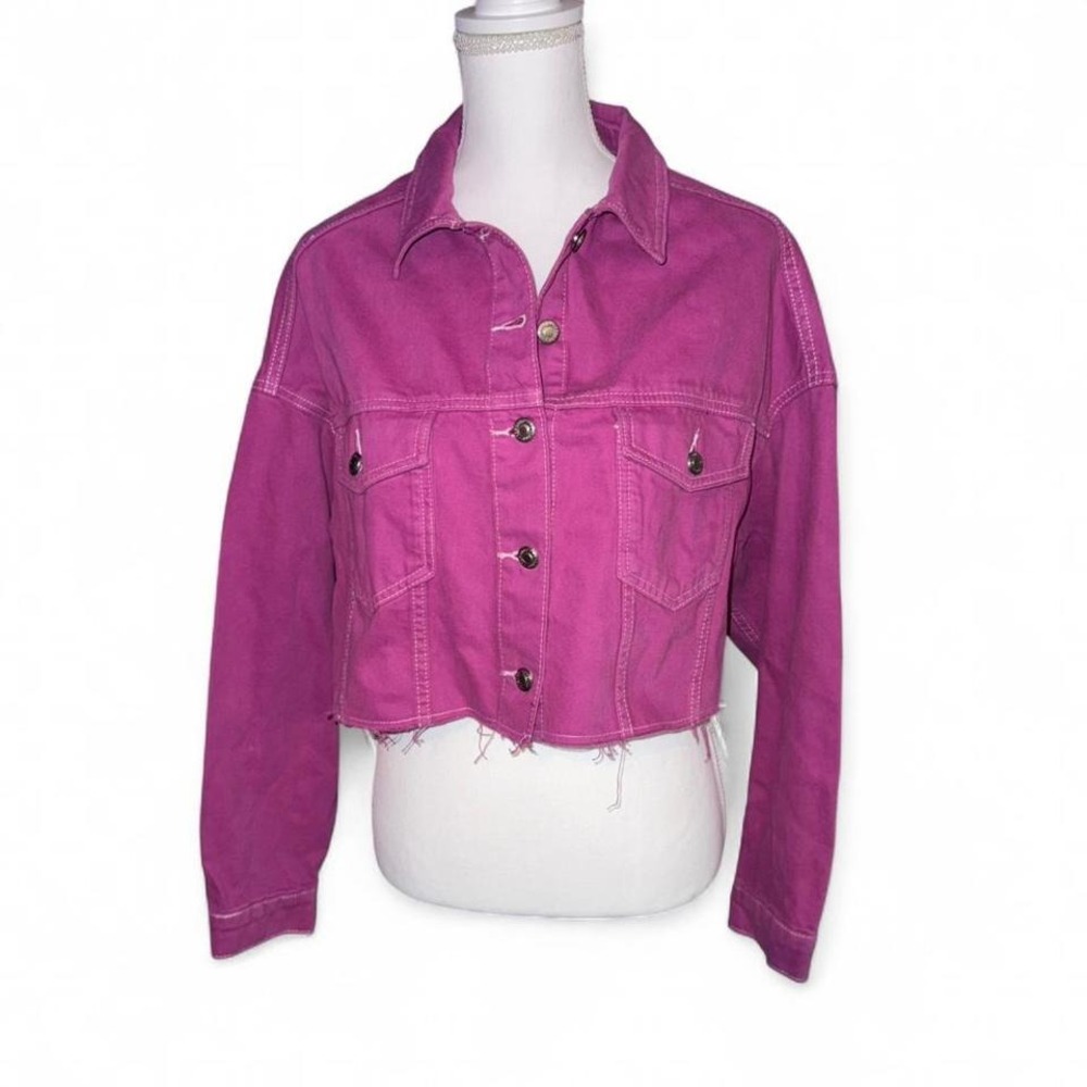 TOPSHOP HOT‎ PINK CROPPED FRAYED DENIM JACKET LADIES SIZE 8